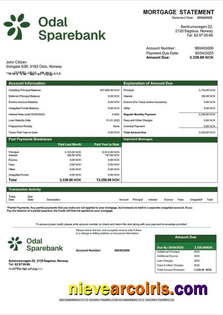 Norway Odal Sparebank mortgage statement Word and PDF template